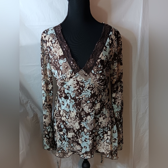 Tailor B. Moss Tops - Tailor B. Moss Women's M Brown & Teal Floral Babydoll Style Long-Sleeve Top